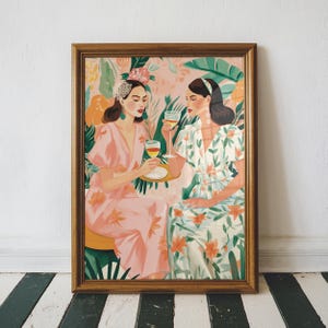 飲酒する女の子のアートプリント、バーカートの装飾、肖像画、アパートの装飾、折衷的なプリント、トロピカルなホームデコレーション、親友へのギフト