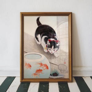Vintage Japanese Art, Ohara Koson, Cat and Goldfish Bowl, Japanese Wall Art, House Decor, Wall Art Prints, Japan Art, Cat Lover Gift