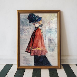 Elegant In Red Cape by Henry Somm, French Fashion Illustration, Vintage Art Print, Unique Wall Art, Antique French Wall Art