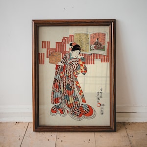 Vintage Japanese Woodblock Print, Poem by Kamakura Udaijin, Geisha Japanese Art, Living Room Large Wall Art, Ukiyo-e Utagawa Kunisada