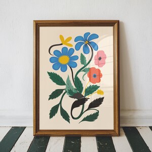 Arte dibujado a mano con flores azules, peonías, decoración colorida para el hogar, arte maximalista, impresión de arte abstracto moderno, pared de galería, baño