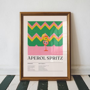 Przepis na Aperol Spritz Art Print, Kolorowy wystrój wózka barowego, Wystrój kuchni, Wydruk na ścianę imprezy, Modny wystrój domu