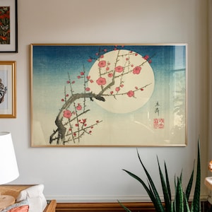 Vintage Japanese Print, A Red Plum Branch against the Summer Moon by Utagawa Hiroshige, Japanese Art, Living Room Large Wall Art, Ukiyo-e