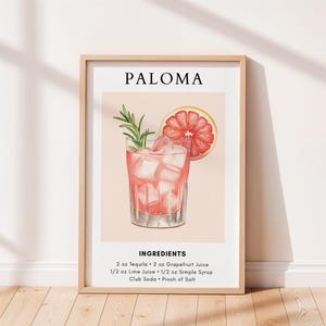 Impresión artística con receta de cóctel Paloma, decoración de carrito de bar, póster de cócteles, decoración de cocina, impresión de pared para fiestas, decoración moderna para el hogar