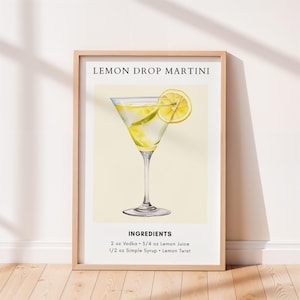 Lemon Drop Martini Cocktail Recipe Art Print, Bar Cart Decor, Cocktail Poster, Kitchen Home Decor, Party Wall Print, Trendy Home Decor