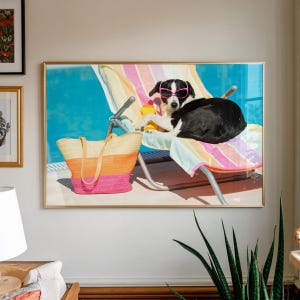 Dog Lounging By The Pool Wall Art, Colorful Summer Decor, Funny Dog Wall Art, Pool House Print, Animal Lover Gift, Dog Parent Print