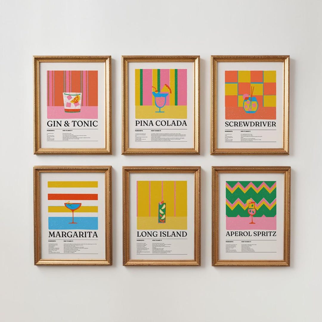 printable kitchen prints wall art, set of 6, hand... Matching Cocktail Recipe Prints, Colorful Bar Cart Decor, Kitchen Home ...