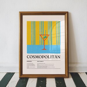 Cosmopolitan Recipe Art Print, Kolorowy wystrój wózka barowego, Wystrój kuchni, Wydruk na ścianę imprezy, Modny wystrój domu