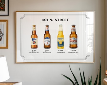 Custom Roommate Drink Print, Roommates as Beers, College Apartment Dorm Art, Bar Cart Decor, Beer Poster, Personalized Wall Art, Man Cave