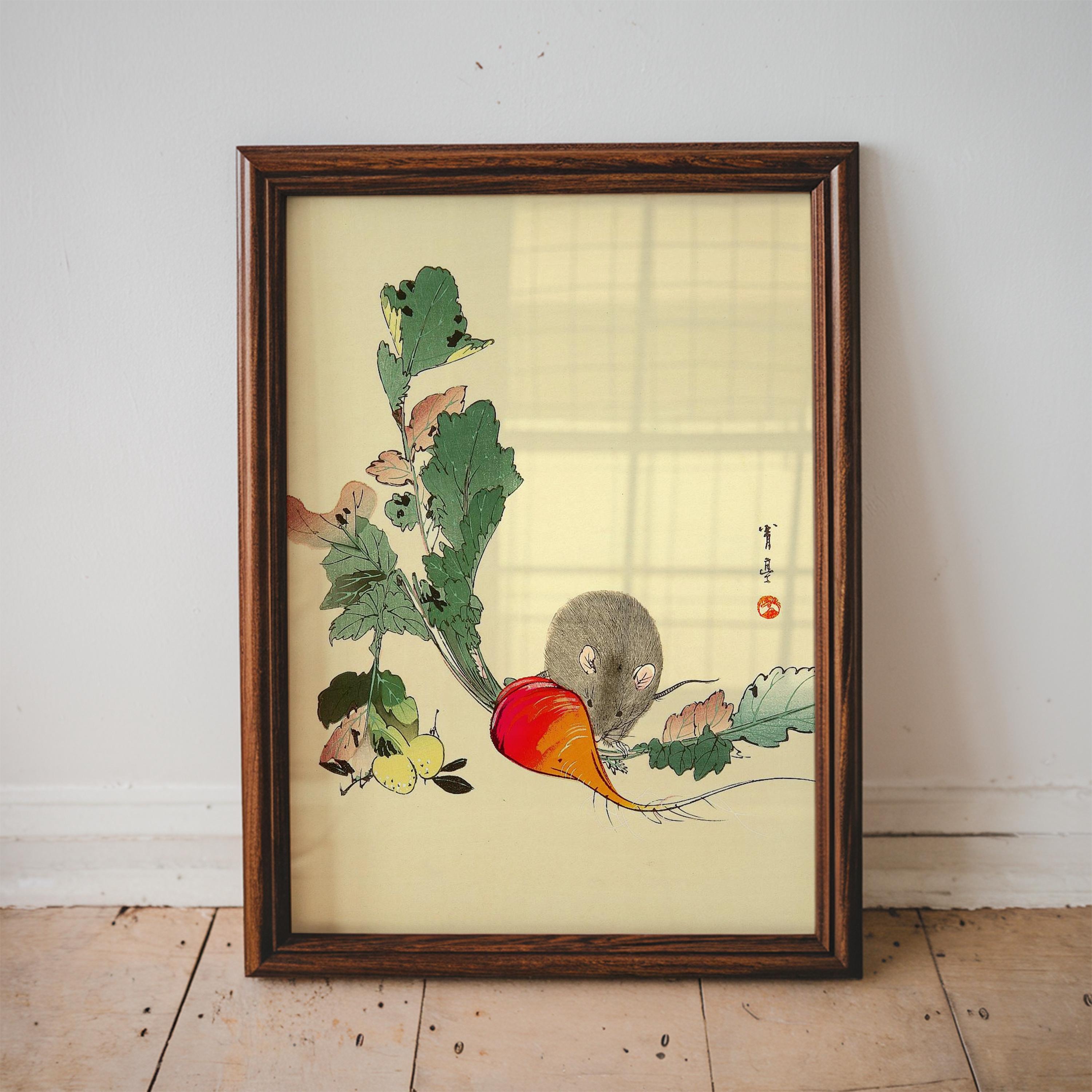 ヴィンテージの日本画、ネズミと大根、動物画、日本美術、リビング
