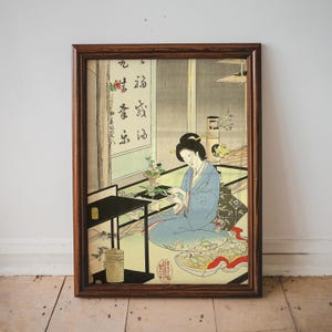 Vintage Japanese Woodblock Print, Flower Arranging and Tea Ceremony Toyohara Chikanobu, Japanese Art, Living Room Large Wall Art, Ukiyo-e