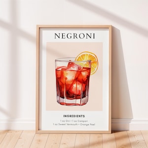 Negroni Cocktail Recipe Art Print, Bar Cart Decor, Cocktail Poster, Kitchen Home Decor, Party Wall Print, Trendy Home Decor
