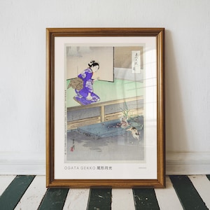 Gravure sur bois japonaise vintage, orchidée par Ogata Gekko, grande oeuvre d'art murale pour salon, ukiyo-e, décoration d'appartement, peinture japonaise