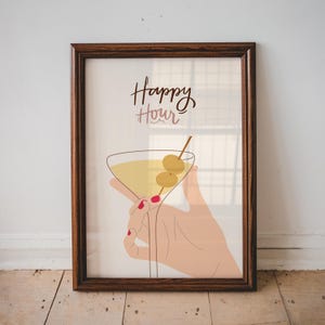 Einfacher Happy Hour Print, Barwagen Dekor, Martini Cocktail Poster, Küche Wohndekor, Party Wanddruck, trendiges Wohndekor, minimalistisches Dekor