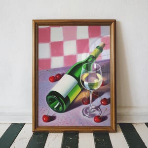 ワインとチェリーの絵画、キッチンのホームデコレーション、グルメな壁アート、ワイン愛好家へのギフト、美しいバーカートの装飾、フレームなしの壁掛けプリント