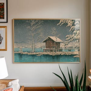 Vintage Japanese Print, Kansa-gū shrine at Lake Tazawa by Kawase Hasui, Japanese Art, Living Room Large Wall Art, Ukiyo-e