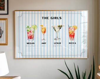 Blue Roommate Drink Print, Roommates as Drinks, Trendy Apartment Dorm Art, Bar Cart Decor, Cocktail Poster, Personalized Wall Art
