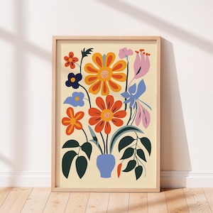 Arte de flores dibujado a mano, decoración colorida para el hogar, arte maximalista, impresión de arte abstracto moderno, pared de galería, baño