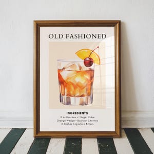Old Fashioned Cocktail Recipe Art Print, Bar Cart Decor, Cocktail Poster, Kitchen Home Decor, Party Wall Print, Trendy Home Decor