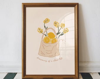 Dreaming Of A Slow Life Lemon Wall Art Print, Positive Wall Art, Slow Mornings, Painting Wall Art, Minimalist Print Living Room Wall Art