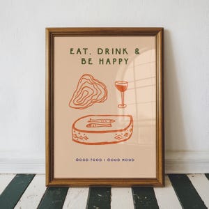 食べて飲んで幸せに、キッチンの壁アート装飾、バーカートのプリント、牡蠣とイワシ、ワイン愛好家へのギフト、美しいホームデコレーション