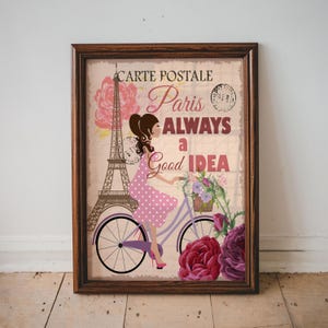 Arte vintage de Paris, impressão de cartão postal de Paris, Paris sempre uma boa ideia, arte de cartão postal francês, arte da primavera de Paris