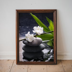 Floral Zen Stones Bathroom Wall Art, Bathroom Wall Decor, Bathroom Canvas Art Prints, Spa Decor