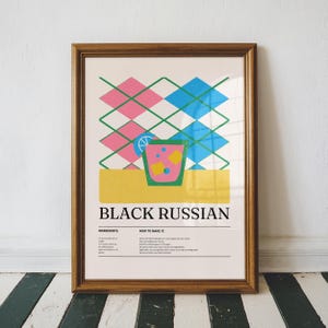 ブラックロシアンレシピアートプリント、カラフルなバーカートデコレーション、キッチンホームデコレーション、パーティーウォールプリント、トレンディなホームデコレーション