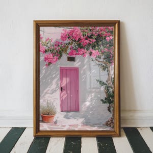 Porte rose en Grèce, impression méditerranéenne, impression de peinture à l&#39;huile, décoration d&#39;intérieur esthétique, art mural Europe, sans cadre