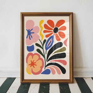 Arte bohemio colorido dibujado a mano, peonías, decoración colorida para el hogar, arte maximalista, impresión de arte abstracto moderno, pared de galería, baño