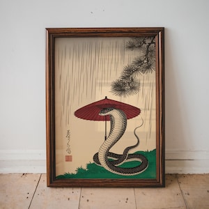 Japanese Snake In The Rain with Umbrella Poster, Woodblock Art Print, Japanese Inspired Decor