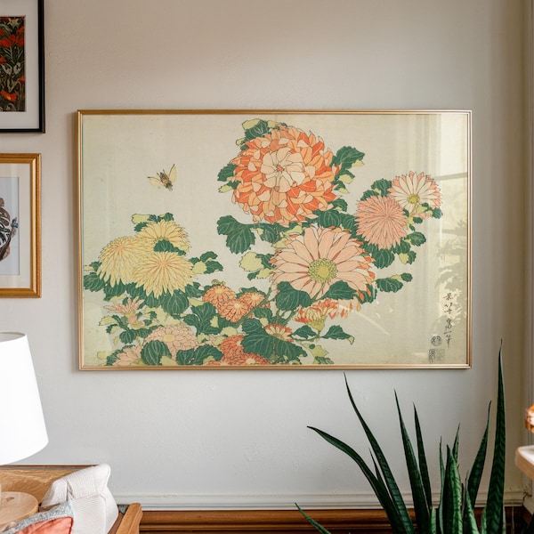 Vintage japanskt tryck, krysantemum och broms, blommig heminredning, japansk konst, stor väggkonst för vardagsrum, ukiyo-e