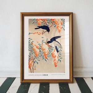 Nandina and Flycatchers in Snow, Vintage Japanese Art, Utagawa Hiroshige III, Japanese Wall Art,  Whimsy Wall Art Prints, Japan Art