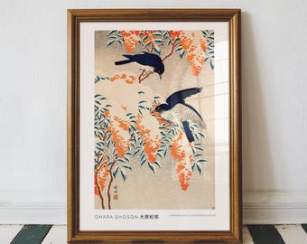 Nandina and Flycatchers in Snow, Vintage Japanese Art, Utagawa Hiroshige III, Japanese Wall Art,  Whimsy Wall Art Prints, Japan Art