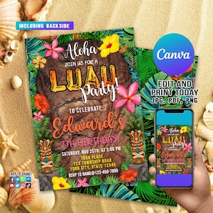 Faire-part d'anniversaire Luau, Faire-part de fête Luau, Faire-part Luau, Faire-part d'anniversaire hawaïen, Faire-part hawaïen Invitation Luau modifiable