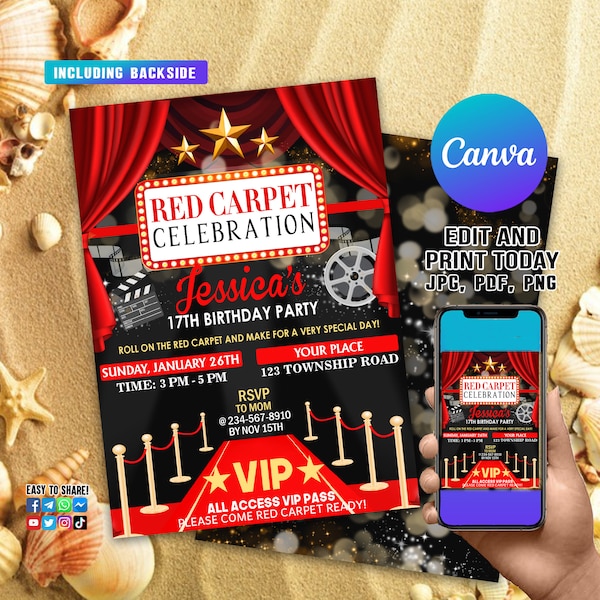 BEWERKBARE Rode Loper Verjaardagsuitnodiging, Hollywood Movie Party Uitnodigen Glam Verjaardag Digitale Uitnodigen VIP Movie Star Party, Rode TAPIJT Uitnodigen