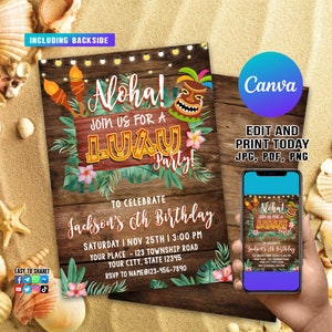 Faire-part d'anniversaire Luau, Faire-part de fête Luau, Faire-part Luau, Faire-part d'anniversaire hawaïen, Invitation hawaïenne, Invitation Luau modifiable