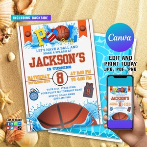 Bearbeitbare Basketball Pool Party-Einladung, Geburtstag Digital Splash Sports, Korb Ball Pool Party Vorlage, Basketball-Einladung