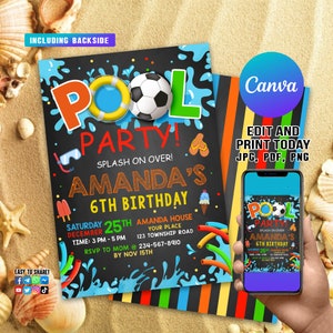 Fußball-Party-Einladung, Boy Pool-Party, Fußball- und Pool-Party einladen, Schwimmparty, sofortiger Download, bearbeitbare Vorlage