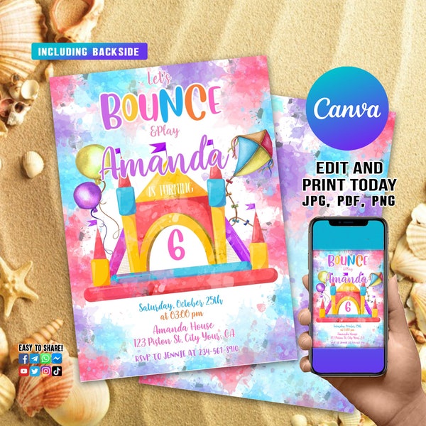 Editable Bounce House Birthday Invitation Template, Printable Birthday Party Invitations,Bounce House Invite, Kids Party Invite, Canva E01