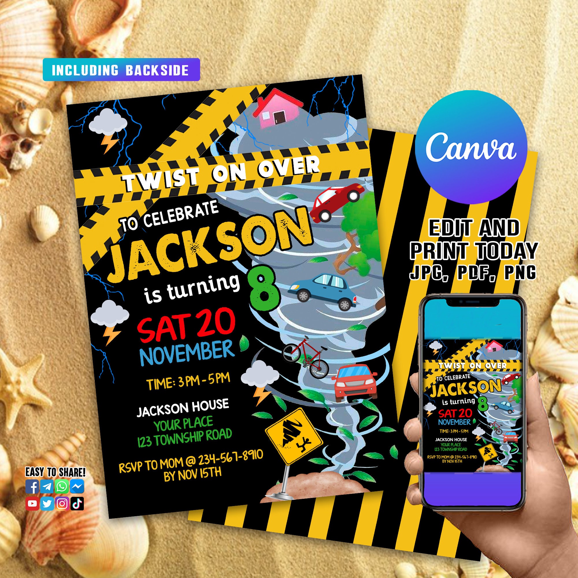 Editable Tornado Birthday Party Invitation, Birthday Invitations, Tornado Party, Tornado Birthday, Tornado Invitations, with CANVA
