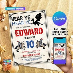 Convite editável de cavaleiro, convites para festa de aniversário de cavaleiro, menino de convite real, modelo de convite de cavaleiro, download instantâneo de cavaleiro, tema