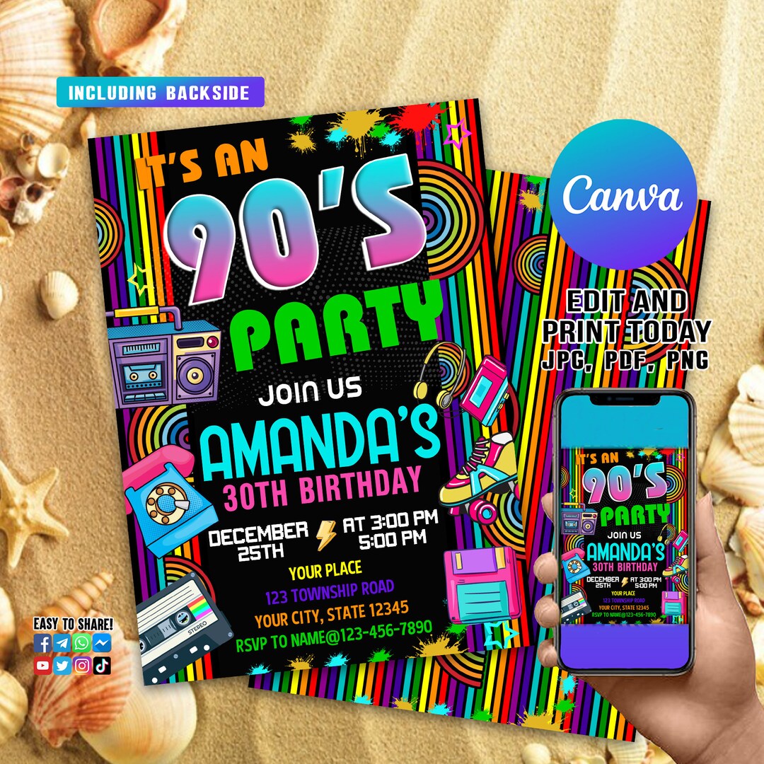 Editable 80s Birthday Party Invitation 90s Party Glow Dance Disco 2000s
