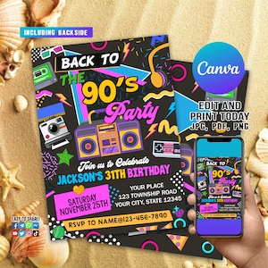 Convite de aniversário editável dos anos 90, festa de aniversário dos anos 90, convite de aniversário dos anos 90, convite para festa dos anos 90, de volta aos anos 90, convite de aniversário retrô, CANVA