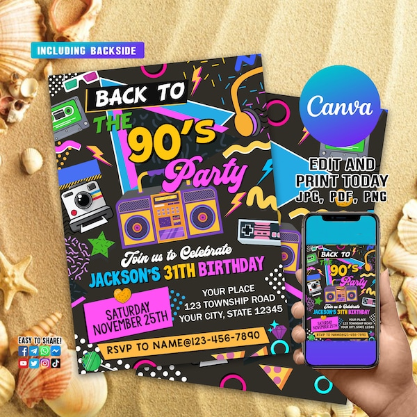 Editable 90s Birthday Invitation, 90s Birthday Party, 90s Birthday Invite, 90s Party Invite, Back to 90s, Retro Birthday Invitation, CANVA