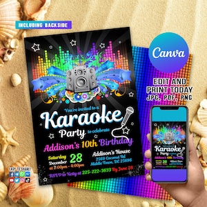 Invitación de cumpleaños de fiesta de karaoke editable, fiesta de cumpleaños de Glow Karaoke, fiesta de música de canto de neón, invitación a Karaoke y descarga instantánea de brillo E9