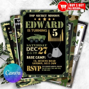 Faire-parts militaires modifiables, faire-part d'anniversaire militaire, faire-part d'anniversaire soldat, invitation militaire, camouflage pour tous les âges