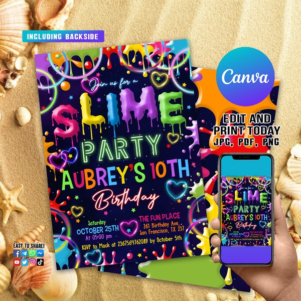 Slime Birthday Invitation, EDITABLE Pastel Slime Party Invite Template, Kid's Birthday Party, Glitter Slime Time, Instant Download, CANVA