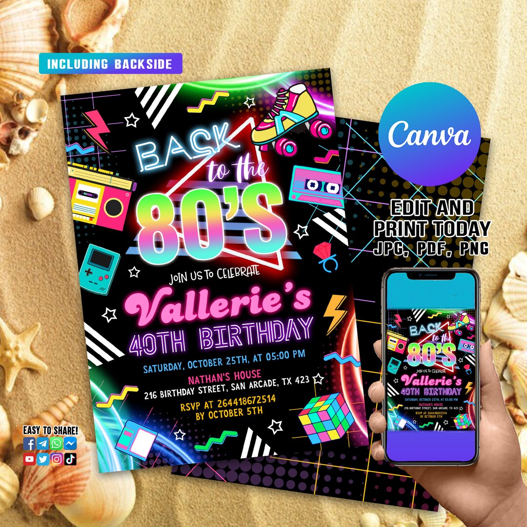 Editable 80s Birthday Party Invitation Back to the 80s Neon Retro