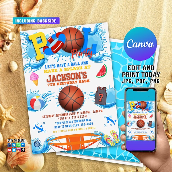 Editable Basketball Pool Party Invite Invitation Birthday Kids Digital Splash Sports Basket Ball Instant Download Template, Basketball Art01